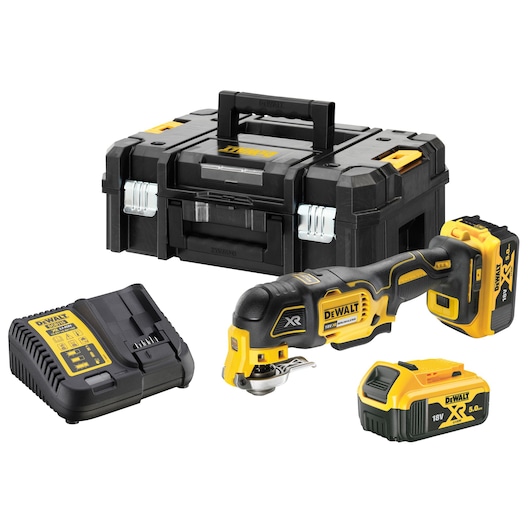 DEWALT cordless multi-tool kit with case, charger, two XR 18V batteries, and oscillating tool.