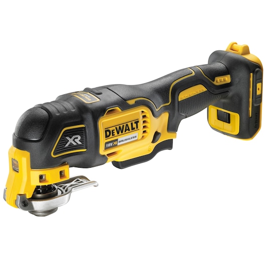 DEWALT DCS356P2 18V XR brushless oscillating multi-tool in black and yellow, shown from side angle.