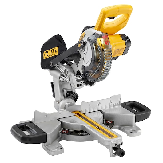 A DEWALT branded compound mitre saw featuring a yellow handle, dust bag, and adjustable cutting base with measurement markings.