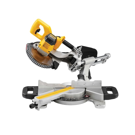 DEWALT DCS365N cordless mitre saw with yellow handle, blade guard and adjustable base for precise cutting.