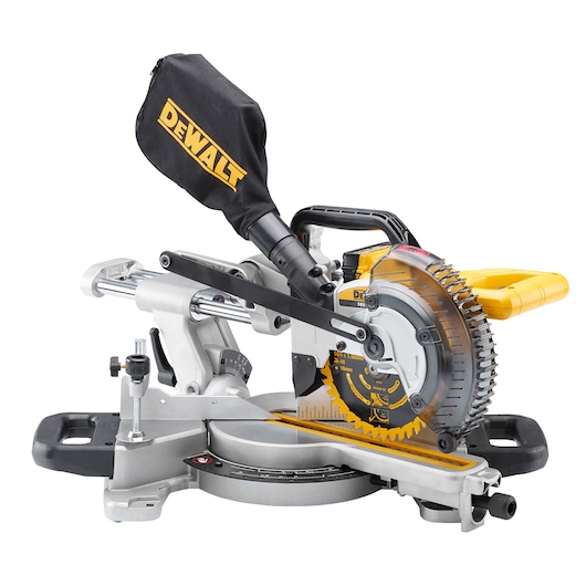 DEWALT DCS365N sliding compound mitre saw with dust bag, seen from the side on a white background. The tool has a yellow handle and blade guard, and is designed for precision wood cutting.