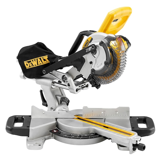 A DEWALT branded miter saw with a yellow handle, dust bag, and adjustable base for precise cutting of materials. The saw blade is partially covered by a protective guard.
