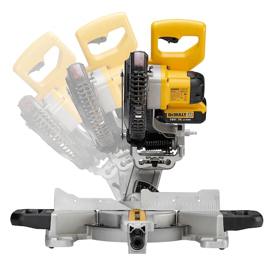 DEWALT DCS365N cordless mitre saw shown with adjustable cutting angles and yellow handle.