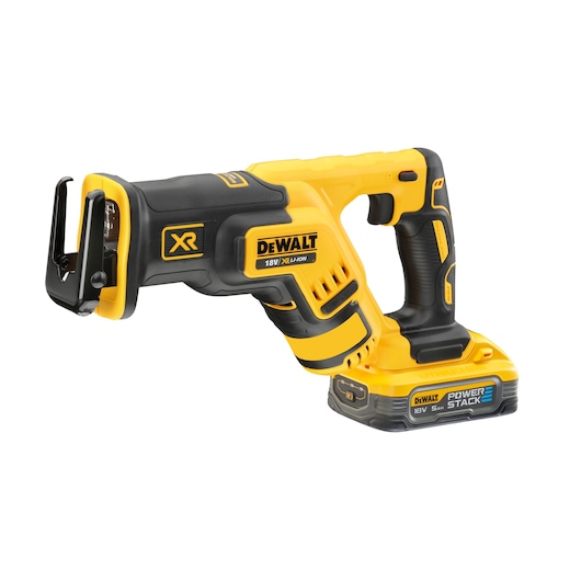 A DEWALT 18V XR Li-Ion cordless reciprocating saw with a Power Stack battery, shown against a white background.