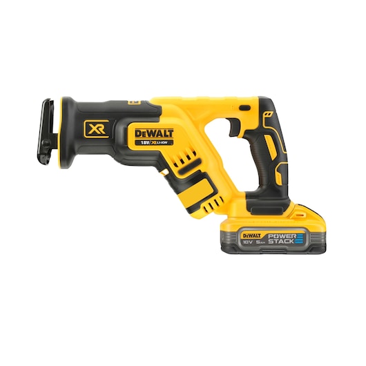 A DEWALT 18V XR Li-Ion cordless reciprocating saw with a POWERSTACK battery, shown against a white background.