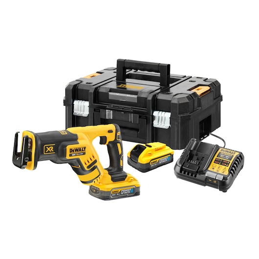 A DEWALT DCS367H2T cordless reciprocating saw set, including the yellow and black saw, two POWERSTACK 18V batteries, a battery charger, and a sturdy black carrying case with handle.