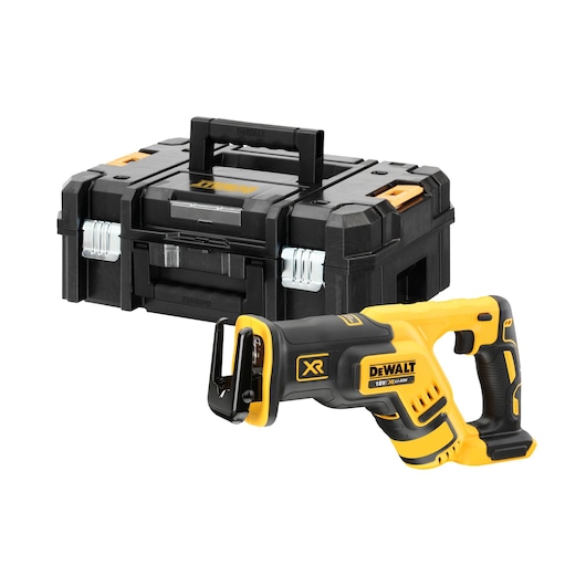 A DEWALT XR 18V cordless reciprocating saw displayed in front of a black and yellow DEWALT branded tool storage case.