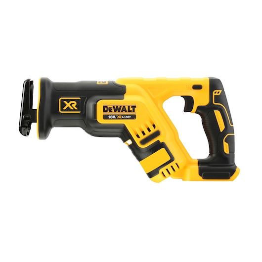 Cordless yellow and black DEWALT 18V reciprocating saw shown on a white background.