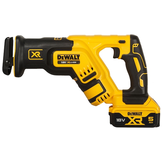 DEWALT cordless reciprocating saw with 18V battery, yellow and black, shown from the side.