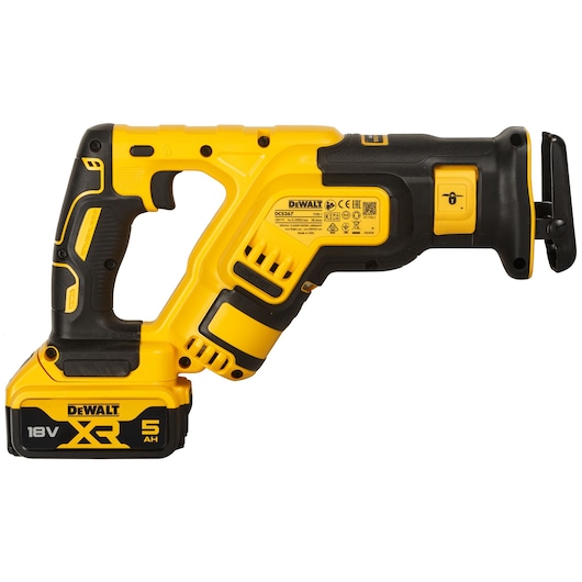Yellow DEWALT DCS367P2 cordless reciprocating saw with 18V XR 5Ah battery, shown in side profile.