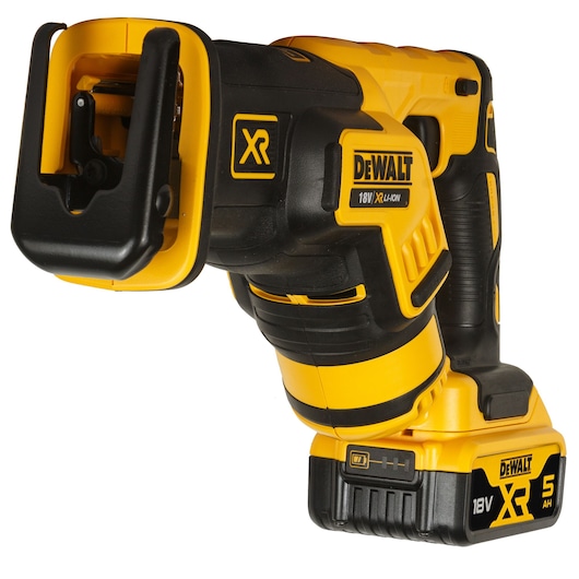 Cordless DEWALT 18V XR reciprocating saw with 5Ah battery, black and yellow design, close-up side view.