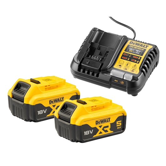DEWALT 18V battery charger set with two yellow XR 5Ah lithium-ion batteries.