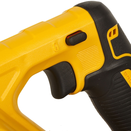 Close-up of DeWalt DCS367P2 tool handle and trigger, yellow and black design, textured grip for comfort.