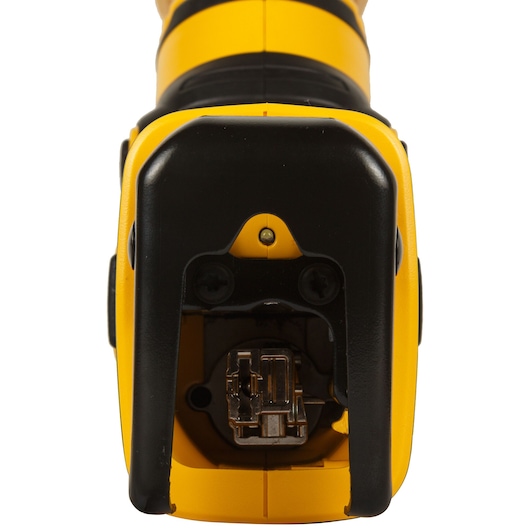 Close-up of the Dewalt DCS367P2 reciprocating saw blade holder and front assembly.