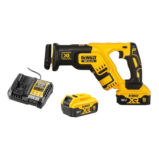 DEWALT 18V XR cordless reciprocating saw set including saw, two 5Ah batteries, and battery charger. The tools are yellow and black in color.