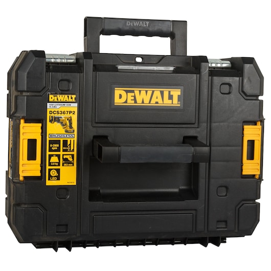 DEWALT DCS367P2 black and yellow tool case with handle and product info label on the front.