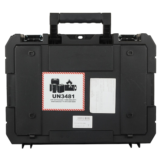 Black DEWALT carrying case with UN3481 lithium battery warning label on the front.