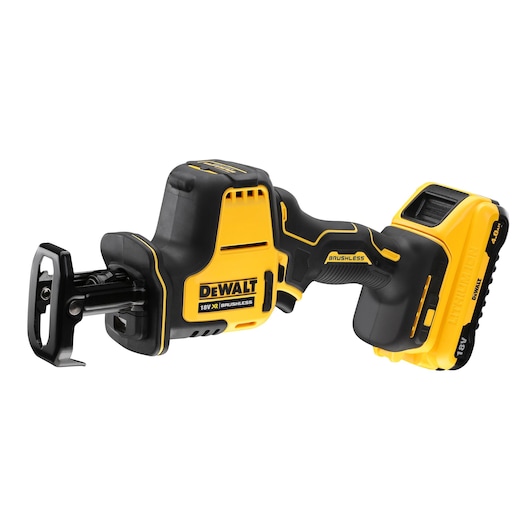 DEWALT 18V cordless brushless reciprocating saw with battery, shown side view on white background.