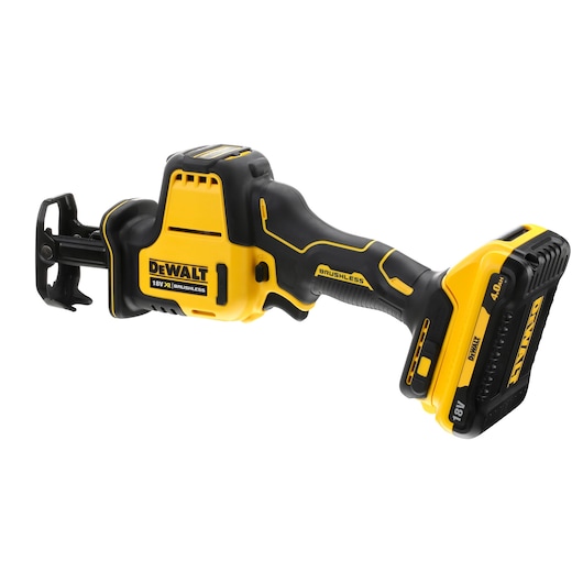 DEWALT 18V XR cordless reciprocating saw with brushless motor, yellow and black design.