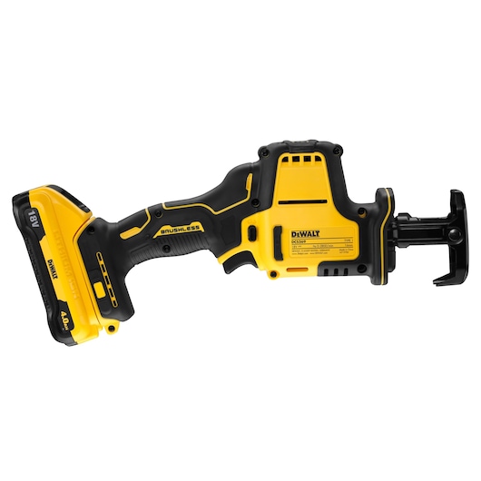 DEWALT DCS369M2 cordless reciprocating saw with 18V battery in yellow and black color, side view.