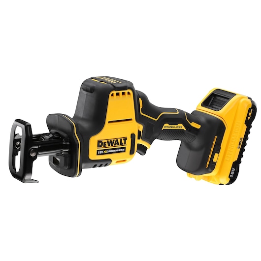 DEWALT 18V XR cordless reciprocating saw with brushless motor and battery, black and yellow.