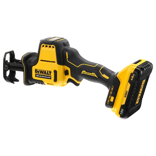 DEWALT 18V XR cordless reciprocating saw with brushless motor, yellow and black design, side view.