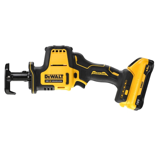 DEWALT 18V cordless reciprocating saw with brushless motor in yellow and black, side view.
