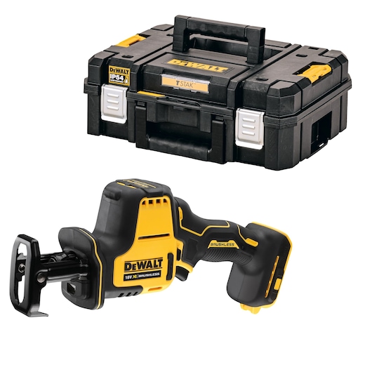 A DEWALT 18V XR Brushless reciprocating saw is shown next to a black and yellow DEWALT TSTAK storage case. Both tools are placed on a white background.