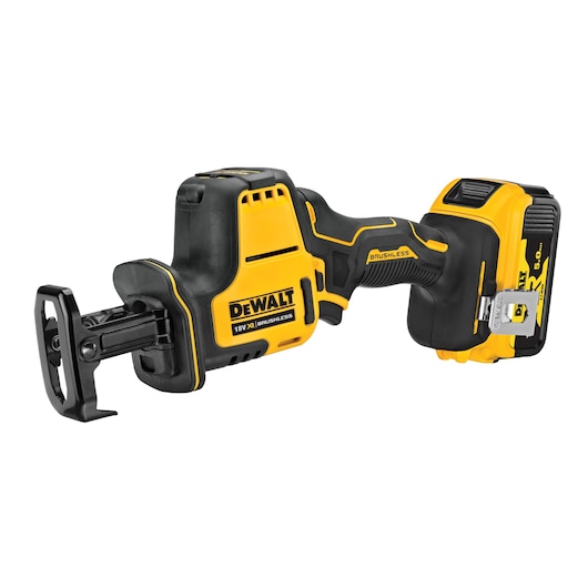 A DEWALT 18V XR Brushless cordless reciprocating saw with a yellow and black design, equipped with a battery pack.
