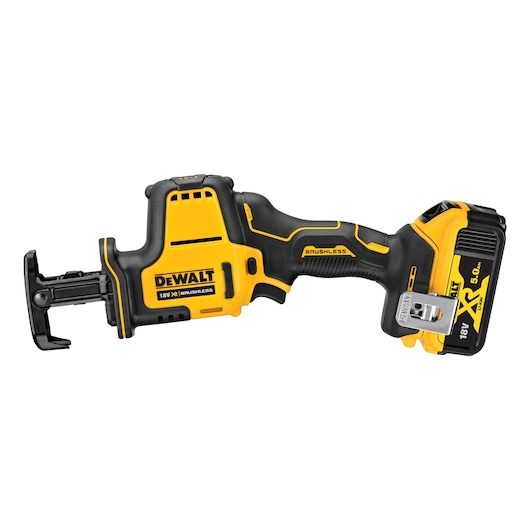 DEWALT 18V XR Brushless reciprocating saw with a 5.0 Ah lithium-ion battery, showing the tool's yellow and black design.