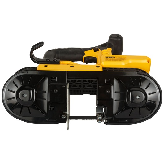 DEWALT cordless band saw DCS371N-XJ, yellow and black, viewed from the front against a white background.
