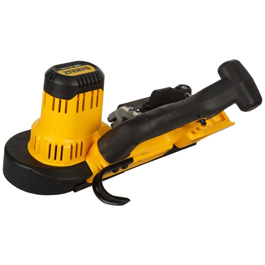 DEWALT cordless portable band saw, yellow and black, ergonomic handle, suitable for metal cutting tasks.