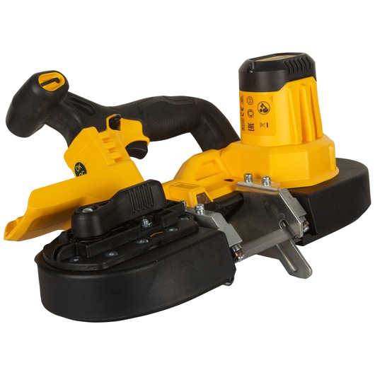 Cordless yellow and black DEWALT portable band saw tool with ergonomic handle.