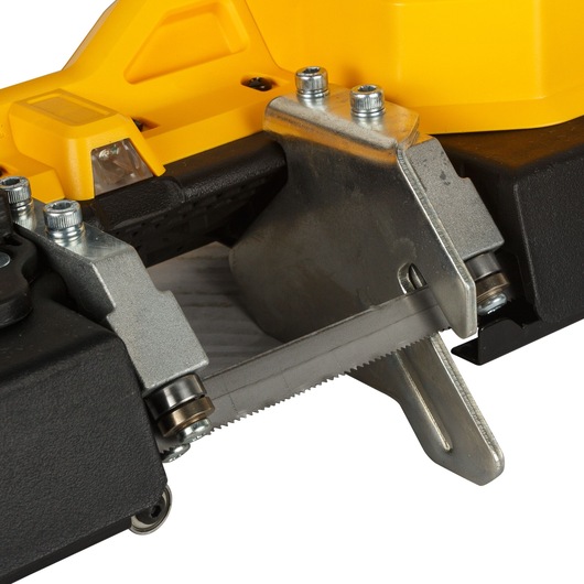 Close-up of DEWALT DCS371N-XJ portable bandsaw blade and metal guide.