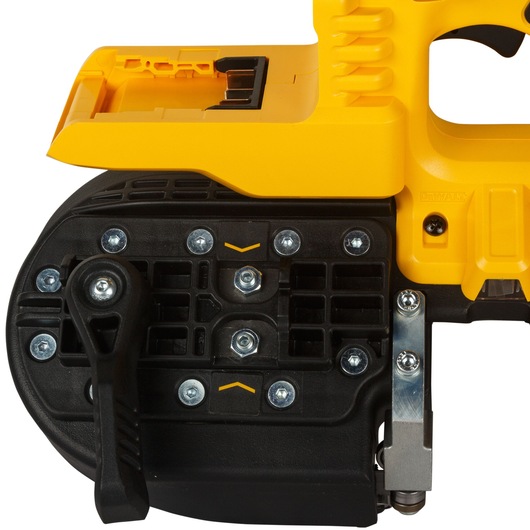 Close-up of a DEWALT cordless band saw. Visible are handle, blade guard, and adjustment features.
