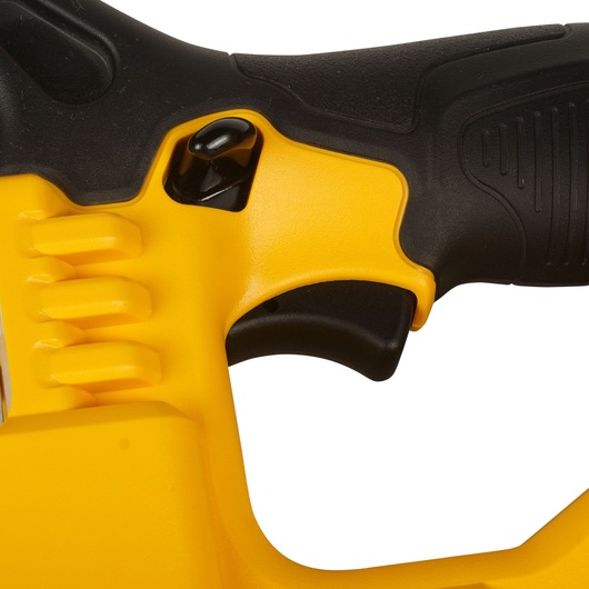 Close-up of a DEWALT power tool handle with a yellow and black ergonomic grip and trigger.