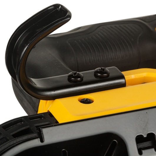 Close-up of a DEWALT tool belt hook in black and yellow, attached with screws to a textured handle.