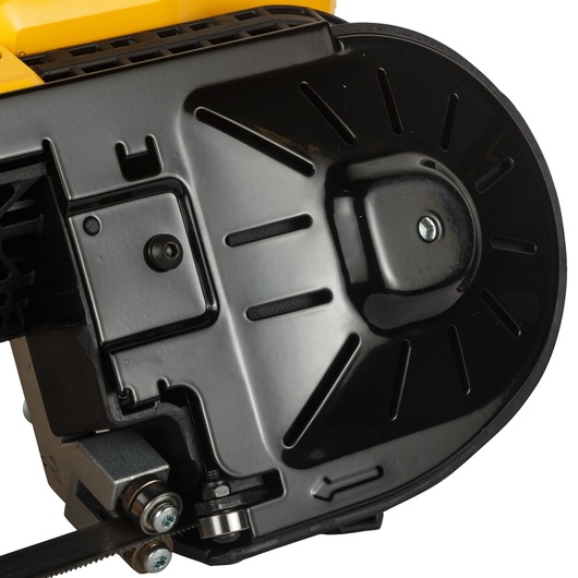 Close-up of DEWALT DCS371N-XJ band saw's blade cover and mechanical parts in black and yellow finish.