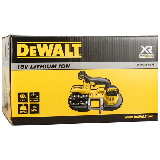 DEWALT DCS371N-XJ 18V lithium-ion band saw box with yellow and black branding and product image.