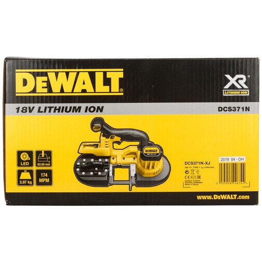 DEWALT DCS371N-XJ 18V lithium-ion cordless band saw in branded yellow and black box packaging.
