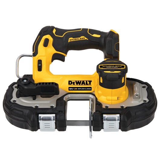 DEWALT cordless bandsaw with brushless motor, black and yellow, compact and handheld for cutting metal.