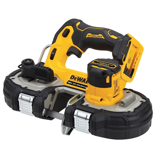 DEWALT cordless band saw, yellow and black, with brushless motor and ergonomic handle.