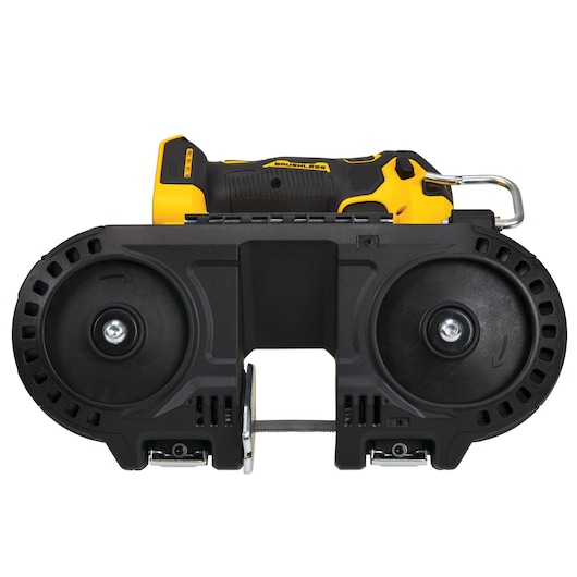 DEWALT DCS377NT cordless band saw with yellow and black design shown from the front.