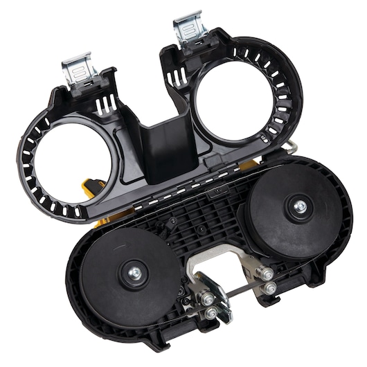 Close-up of a DEWALT DCS377NT band saw interior showing dual wheels and blade track.