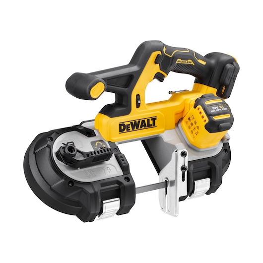 DEWALT cordless band saw DCS378N, yellow and black, shown with battery attached.
