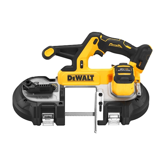 DEWALT cordless band saw with black and yellow design and visible 18V battery.