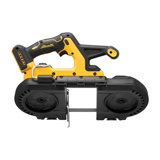 DEWALT cordless brushless band saw, black and yellow, for cutting metal or wood, product shown from the side.