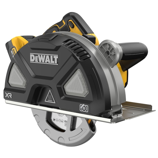 DEWALT cordless circular saw with black and yellow design, handle, protective blade cover and visible DEWALT logo.