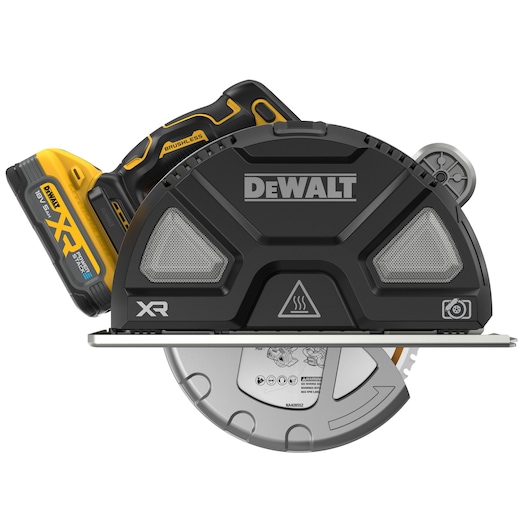 DEWALT cordless circular saw with XR brushless motor and 18V battery, shown from the side angle.