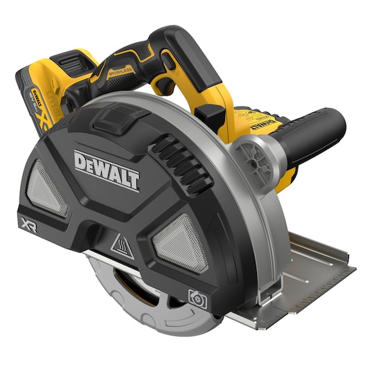 DEWALT cordless circular saw with black and yellow design, branded blade guard, and ergonomic handles.